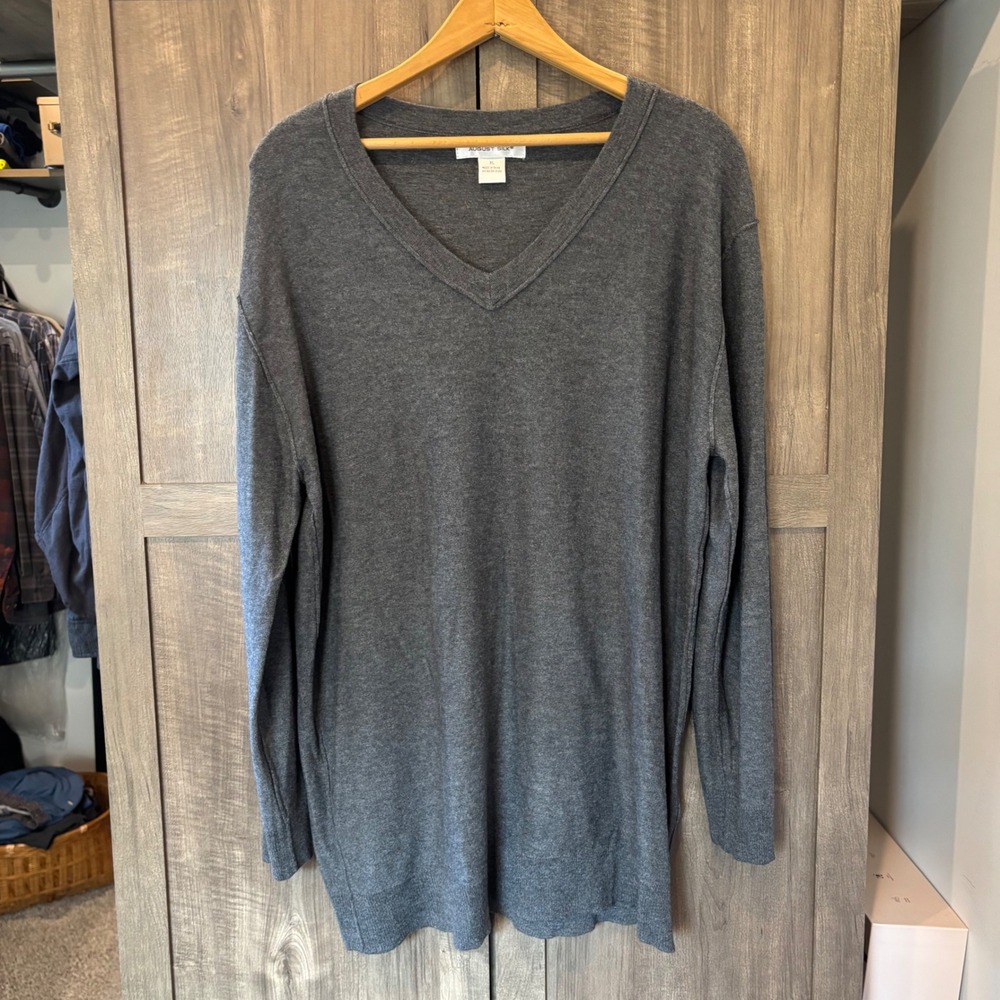 August Silk Womens XL Gray V-Neck Silk Blend Tunic Sweater Long Sleeve Knit